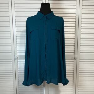 a.n.a. A New Approach Teal Blue Collared Flowy Long Sleeve Tunic Blouse Women XL